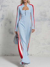 Retro Sporty Style Stand Collar Front Button Light Blue Cotton Maxi Dress