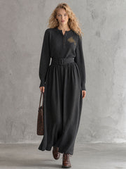 Vintage Elegant Embroidered Grey Henley Collar Belted Knit Maxi Dress