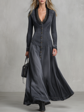 Women's Grey Denim Maxi Dress Lace V-Neck Fitted Western Gown
