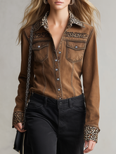 Women's Brown Denim Shirt Leopard Trim Distressed Western Snap Blouse