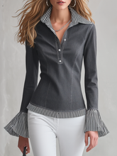 Women's Grey Denim Top Striped Flare Cuff Fitted Half-Placket Blouse