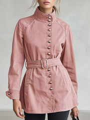 Women's Pink Belted Denim Jacket Stand Collar Fitted Western Coat