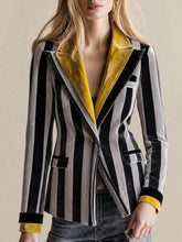 Retro-elegant Color-blocked Collar Gray Striped Velvet Blazer
