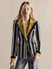 Retro-elegant Color-blocked Collar Gray Striped Velvet Blazer