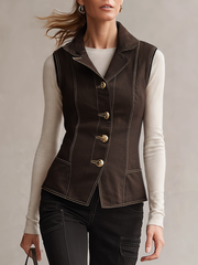 Women's Brown Denim Vest Fitted Lapel Button-Front Western Waistcoat