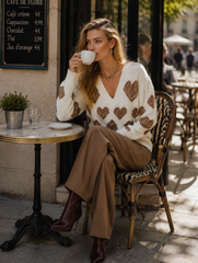 Women's Oversized Pullover V-Neck Heart Pattern Knit Sweater