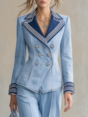 Women's Light Blue Denim Blazer Nautical Striped Lapel Double-Breasted Cropped Jacket