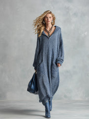 Urban-silhouette Mixed-blue Knitted Hooded Maxi Dress