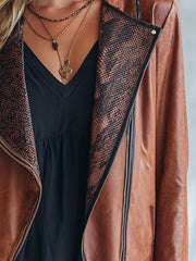 Women's Faux Leather Snake Print Lapel Moto Jacket