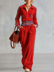 Retro Sport Color-Block Stripes Red Cotton Top And Pants Set