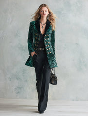Vintage Military Style Horizontal Button Green Leopard Print Velvet Blazer