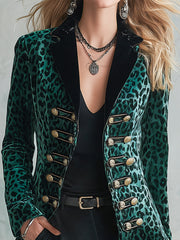 Vintage Military Style Horizontal Button Green Leopard Print Velvet Blazer