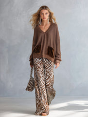 Stylish Everyday Brown V-Neck Sweater & Zebra-Print Velvet Wide-Leg Pants Set