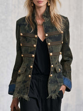 Vintage Camo Denim Stand-Collar Gold-Button Frayed-Hem Jacket