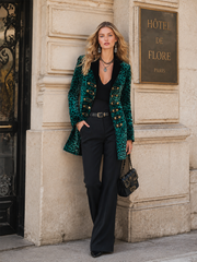 Vintage Military Style Horizontal Button Green Leopard Print Velvet Blazer