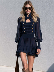 Vintage Military Cut-out Stand Collar Dark Blue Chiffon Mini Dress
