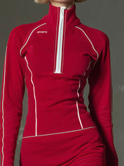 Sporty Stand Collar Zip-up Contrasting Trim Long-sleeved Mini Dress