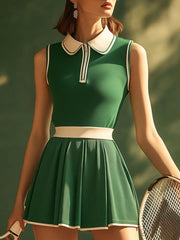 【24-hour shipping out】Casual Fashion Polo Neck White Trim Green Sleeveless Mini Dress