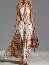 Vintage Bohemia Halter Neck Brown Western Print Off White Chiffon Split Maxi Dress