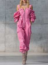 Stylish And Modern Long-sleeved Strappy Tapered Legs Pink Denim Jumpsuit
