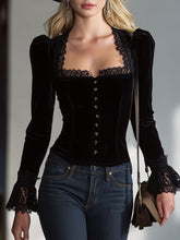Stylish And Elegant Vintage Lace And Black Velvet Shirt