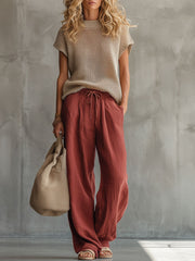 Retro Short-sleeved Knit Top And Brick Red Cotton Linen Wide-leg Pants Set