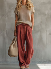 Retro Short-sleeved Knit Top And Brick Red Cotton Linen Wide-leg Pants Set