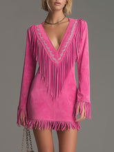 Western-style Retro Embroidered Tassel Pink Faux Suede Mini Dress