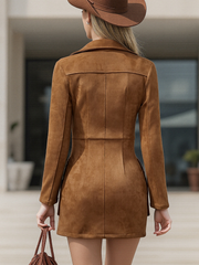 Vintage Western Style Embroidered Tassel Long Sleeve Brown Suede Mini Dress