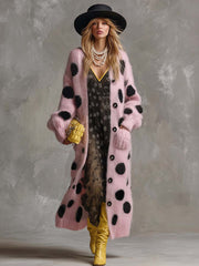 Vintage Fashion Lazy Front Button Black Polka Dot Pink Imitation Rabbit Fur Knitted Long-sleeved Cardigan