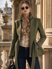 Simple Retro Stand-up Collar Ruffled Belt Olive Green Wool Zip-up Coat