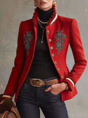 Ruffled Stand-up Collar Single-breasted Rose Embroidered Jacket