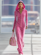 Sporty Zip-up Hooded Leopard-print Velvet Maxi Dress