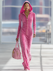Sporty Zip-up Hooded Leopard-print Velvet Maxi Dress