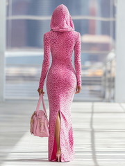Sporty Zip-up Hooded Leopard-print Velvet Maxi Dress