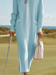 Sporty And Stylish White-trimmed Blue Knit Maxi Dress