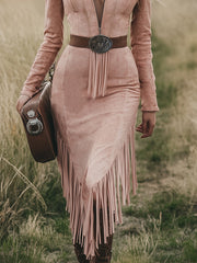 Western Retro Pink Long-sleeved Tassel Midi Dress