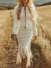 Vintage Western Cowboy Off-White Faux Denim Half-Zip Tassel Long-Sleeved Maxi Dress