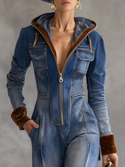 Vintage Casual Western Hooded V-neck Zipper Velvet Stitching Blue Denim Jumpsuit