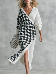 Women's V-Neck Black and White Houndstooth Knit Sweater Maxi Dress