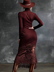 Simple And Elegant High-neck Lace Hem Burgundy Knitted Maxi Dress