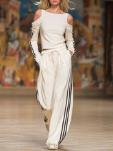 Sporty Off-the-shoulder Long-sleeved Top And Pants Set