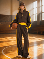 Retro Sportswear Dark Brown Cotton Stand-collar Top And Pants Set