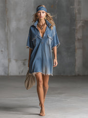 Stylish And Casual Frayed-edge Blue Denim Short-sleeved Mini Dress