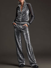 Sporty Retro Striped Mesh Sleeve Gray Leopard Print Velvet Sweatshirt And Pants Set