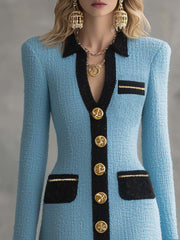 Vintage Classic V-neck Front Metal Button Black Trim Sky Blue Tweed Mini Dress