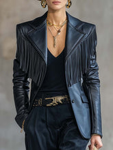 Vintage Fashion Handsome Notch Lapel Shoulder Tassel Decoration Black Leather X-shaped Blazer