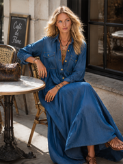 Women's Multi-pocket Full-skirt Blue Denim Maxi Dress