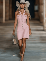 【24-hour shipping out】Fashion Off-The-Shoulder Lapel Front Button Pink Denim Mini Dress