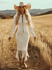 Vintage Western Cowboy Off-White Faux Denim Half-Zip Tassel Long-Sleeved Maxi Dress